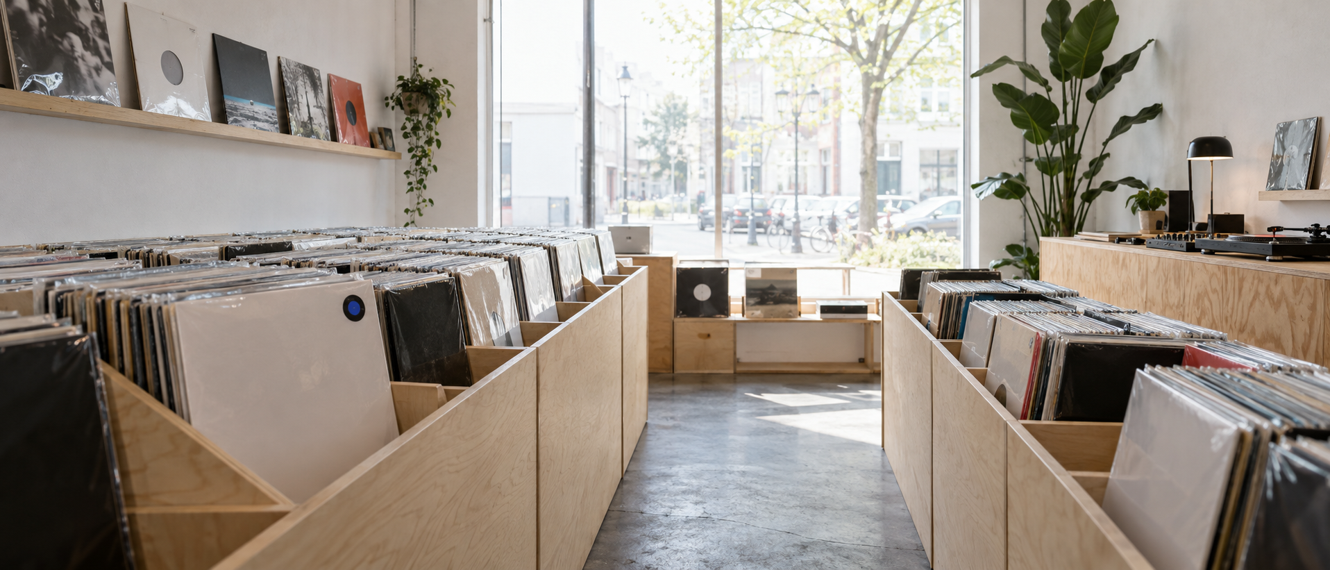 Interior de una tienda de discos chica y luminosa, con bateas de madera clara y un ventanal a la calle