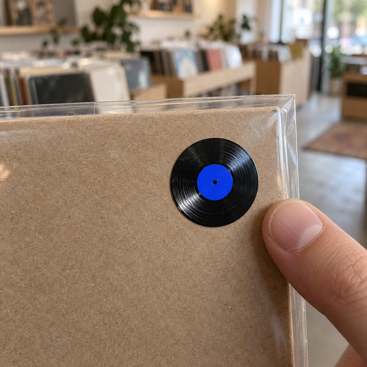 El sticker DiscoVer de cerca: un mini vinilo negro con centro azul, junto a un dedo que muestra su tamaño